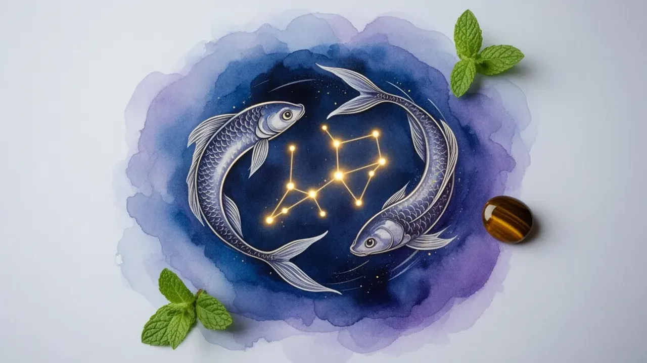 27 luty znak zodiaku: astrologiczny horoskop osób urodzonych 27 lutego Symboliczna grafika przedstawiająca 27 luty znak zodiaku Ryby z elementami wody, planetą Neptun oraz kamieniem tygrysie oko.