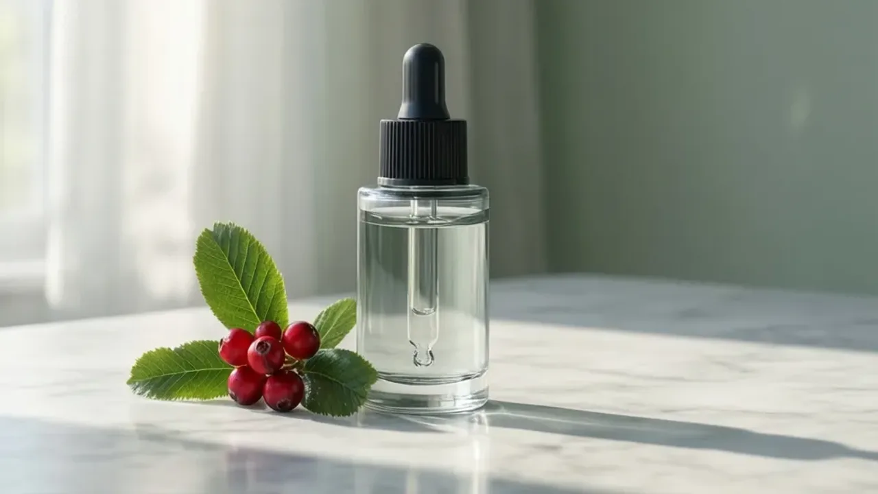 Alfa arbutyna: skuteczne antidotum na przebarwienia skóry w kosmetyce Elegancka buteleczka serum z alfa arbutyna na marmurowym blacie w otoczeniu liści mącznicy lekarskiej.