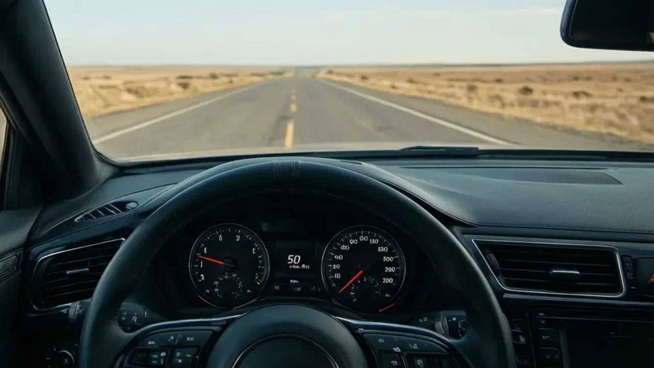 Droga hamowania przy 50 km/h: od czego zależy hamulec i samochód? Widok z wnętrza nowoczesnego samochodu na drogę, ilustrujący jak wygląda droga hamowania przy 50 km/h w warunkach miejskich.
