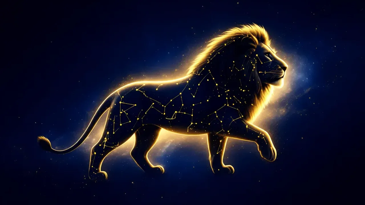 Horoskop dzienny lew sennik: zodiakalny znak zodiaku Lew – horoskop 2026 Złoty symbol lwa pośród kosmicznych konstelacji jako horoskop dzienny lew sennik na dzień 1 kwietnia 2026.
