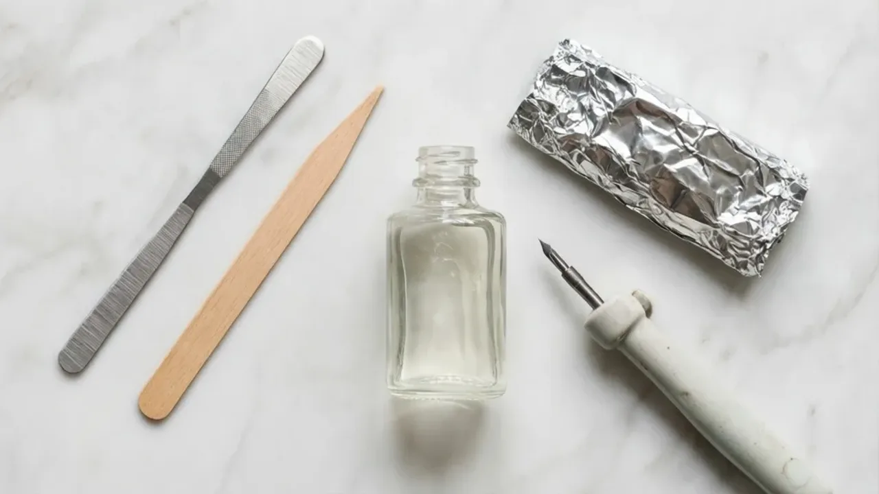 Jak zdjąć hybrydę w domu bezpiecznie i skutecznie: instrukcja krok po kroku Narzędzia kosmetyczne do manicure przygotowane do zabiegu, który pokazuje jak zdjąć hybrydę w domu.