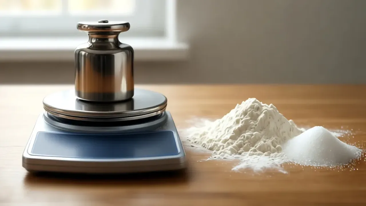 Kilogram ile to gram? Praktyczny przelicznik i zamiana jednostek masy Cyfrowa waga kuchenna z odważnikiem prezentująca przelicznik kilogram ile to gram.