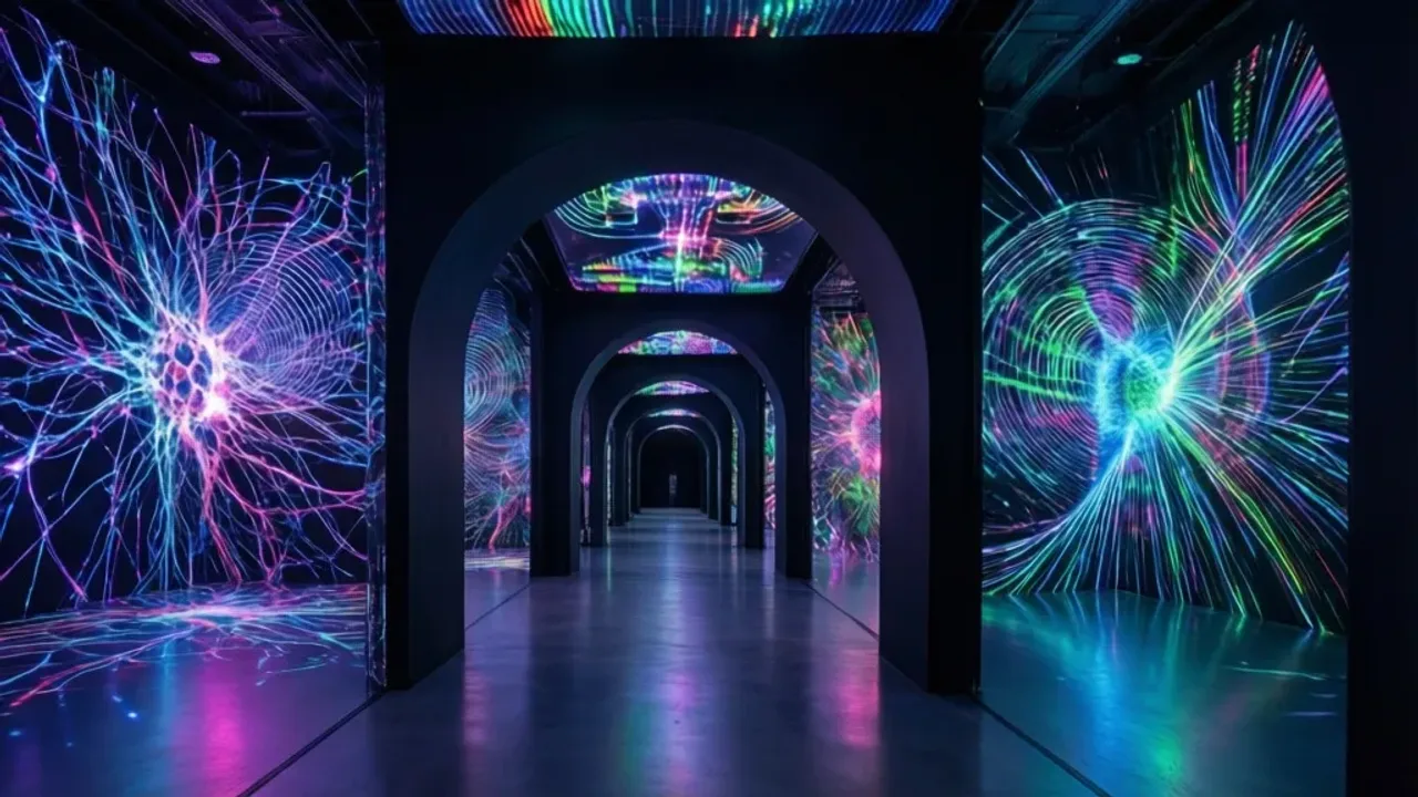 melt museum: Immersyjne muzeum sztuki AI w Warszawie – atrakcja 2026 Wnętrze immersyjnej wystawy z nowoczesnymi instalacjami świetlnymi AI w melt museum w Warszawie.