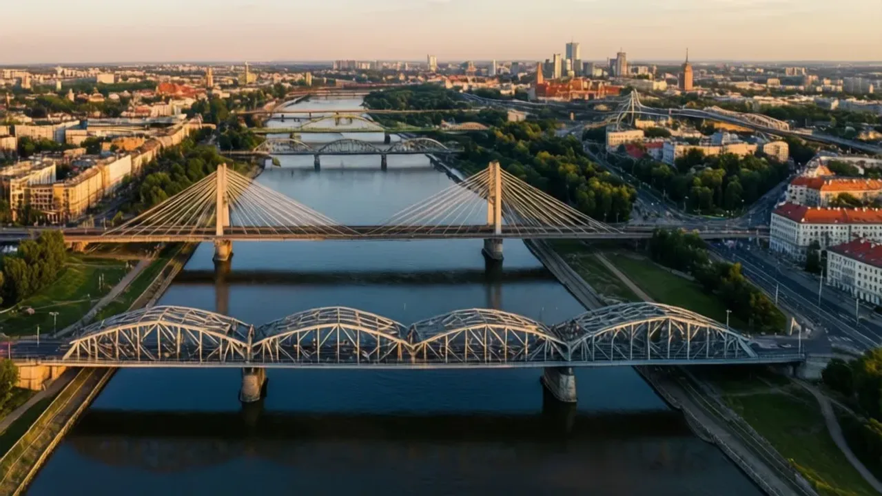 Mosty w warszawie mapa: przewodnik po drogach i mostach warszawy Widok panoramiczny na Wisłę i mosty w warszawie mapa z lotu ptaka.