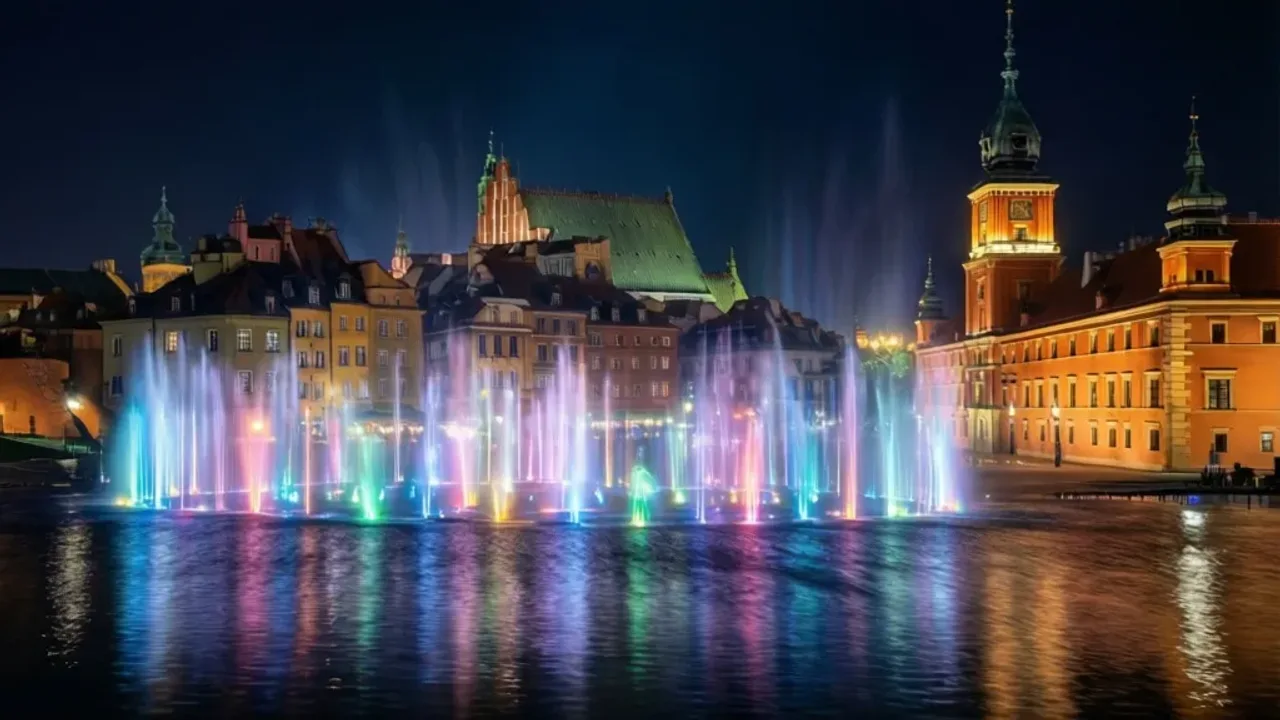 Multimedialny park fontann w warszawie zdjęcia: Widowisko 2025 w Warsaw Multimedialny park fontann w warszawie zdjęcia przedstawiające nocne widowisko świetlne na Starym Mieście.