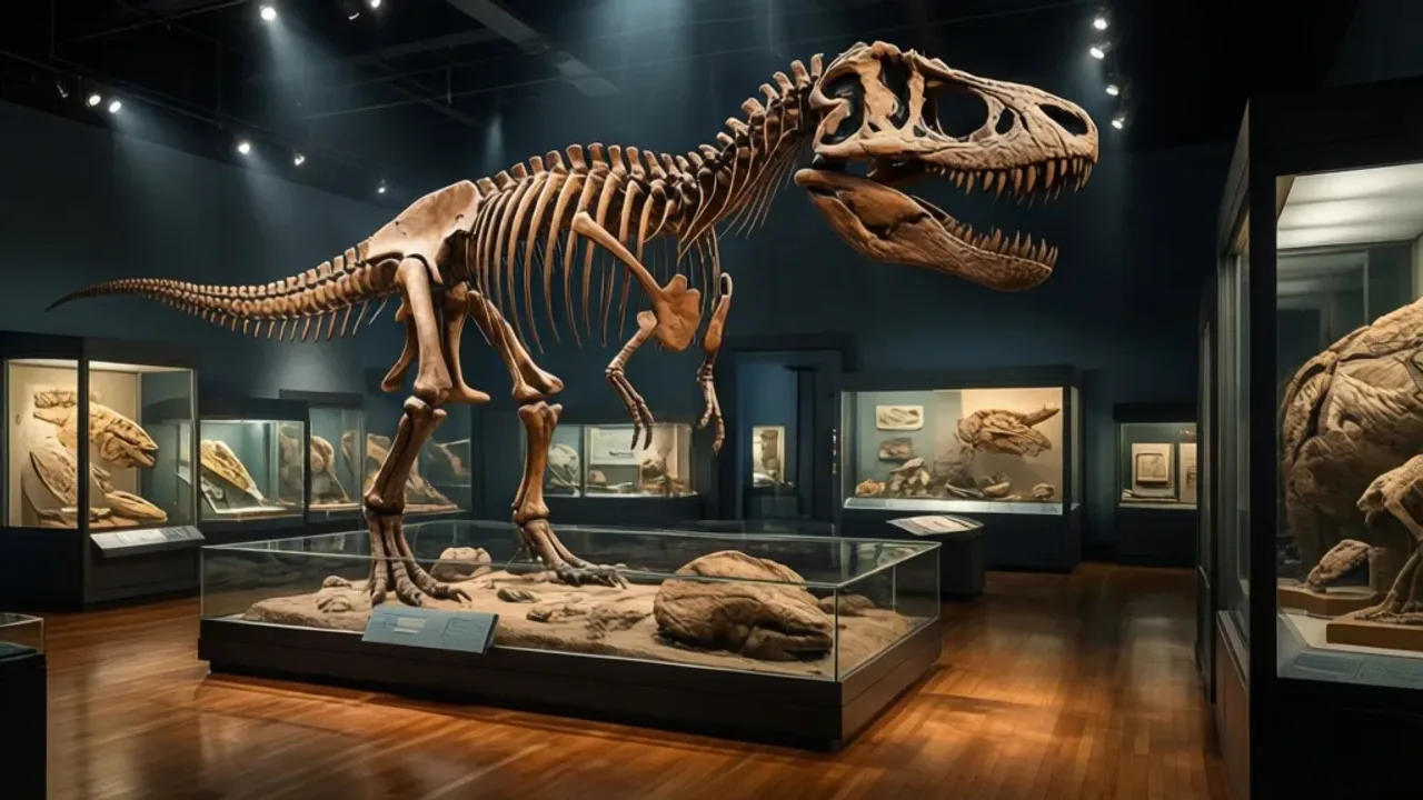 Muzeum dinozaurów: Ewolucja, szkielety i skamieniałości w Muzeum Ewolucji Imponujący szkielet tyranozaura wewnątrz muzeum dinozaurów z dobrze widocznymi detalami skamieniałości w oświetlonej sali wystawowej.