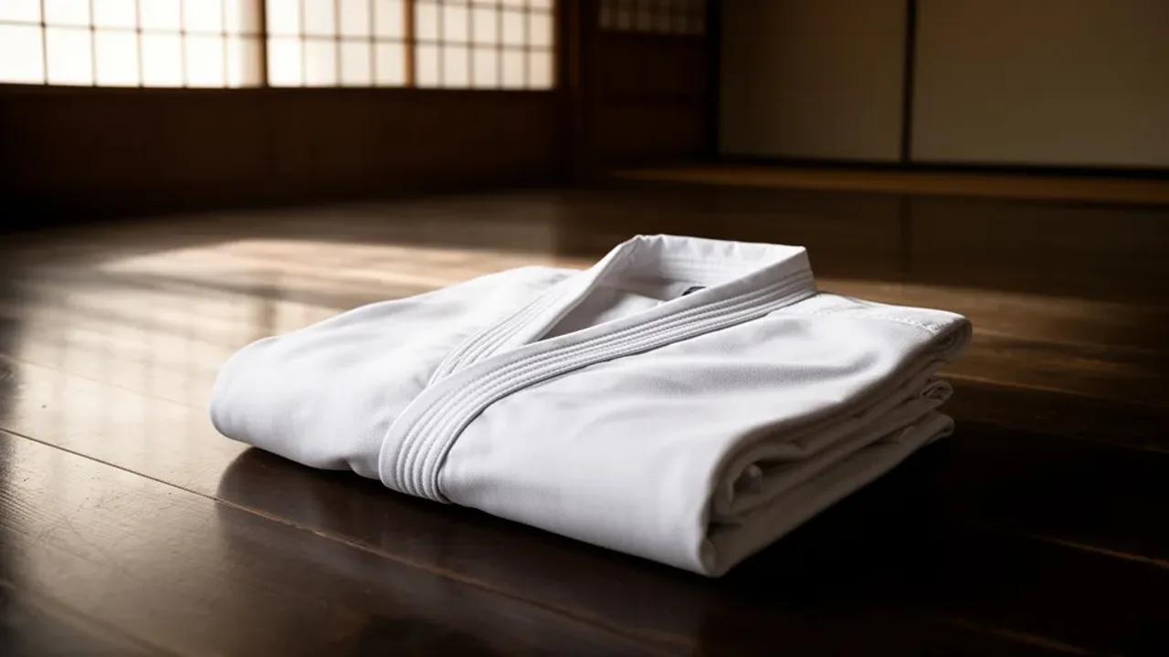 Na czym polega karate? Kyokushin i inne sztuki walki – trening karate Alt tag przedstawiający tradycyjny strój i pas w dojo, wyjaśniający na czym polega karate.