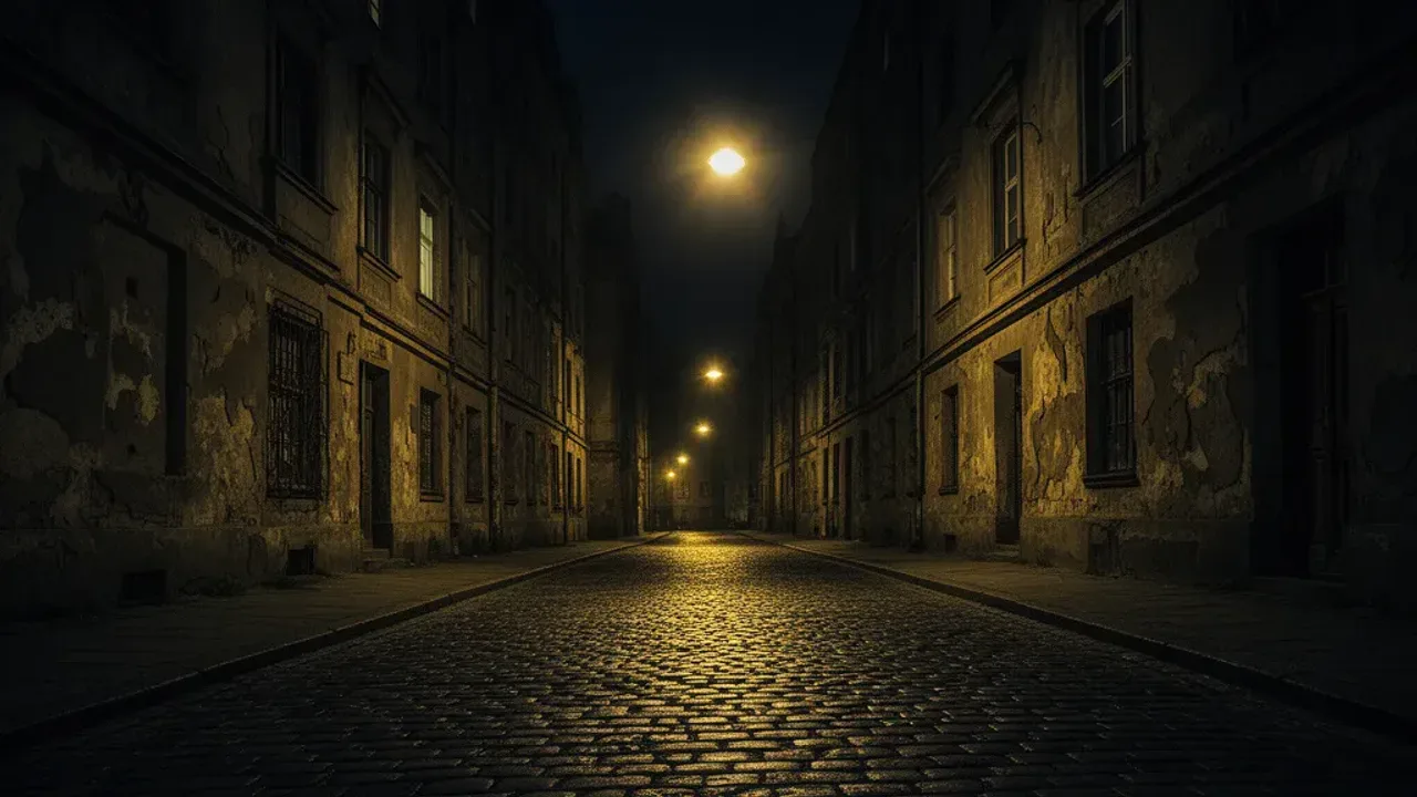 Najniebezpieczniejsze dzielnice Warszawy: statystyki policji 2025 Stare kamienice w Warszawie nocą symbolizujące najniebezpieczniejsze dzielnice Warszawy.