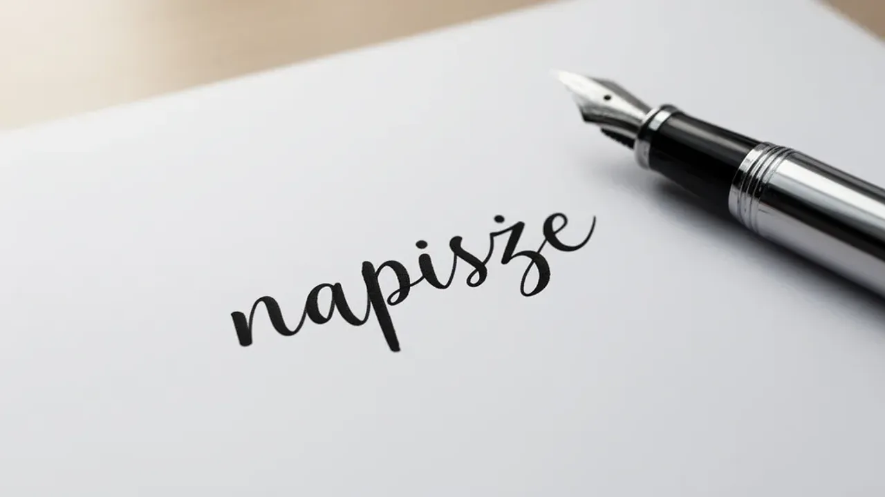 Napiszę: jak pisać poprawnie po polsku w pracy i tłumaczeniach? Eleganckie wieczne pióro leżące na czystej kartce papieru, na której odręcznie zapisano słowo napiszę.