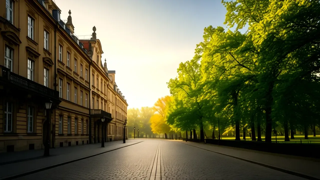 Niedziela w Warszawie: kalendarz wydarzeń, co robić w niedzielę? Pusty i słoneczny Trakt Królewski podczas spokojna niedziela w Warszawie w otoczeniu zabytkowej architektury miasta.