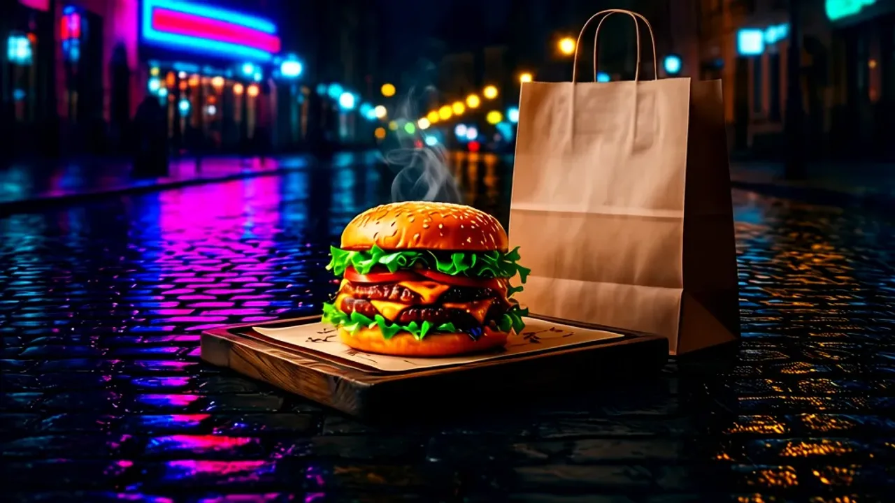 Nocne jedzenie Warszawa: 24h restauracje, dostawa i burger w nocy Smaczny burger z dostawą na nocne jedzenie Warszawa w otoczeniu nocnych świateł miasta.