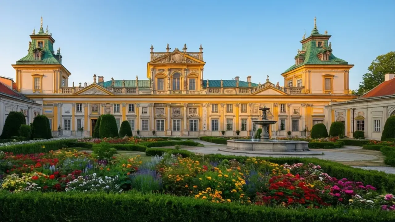 Pałac w Wilanowie: Królewski pałac i park Muzeum Pałacu Króla Jana III Widok na fasadę i wypielęgnowany ogród barokowy, który otacza Pałac w Wilanowie w słoneczny dzień.