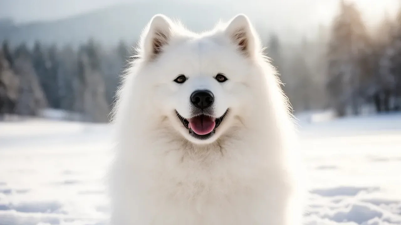 Samoyed ile żyje? Opis rasy, jak żywić ten uśmiechnięty szpic syberyjski Zdrowy i szczęśliwy pies rasy samoyed w zaśnieżonym krajobrazie, który obrazuje temat samoyed ile żyje.
