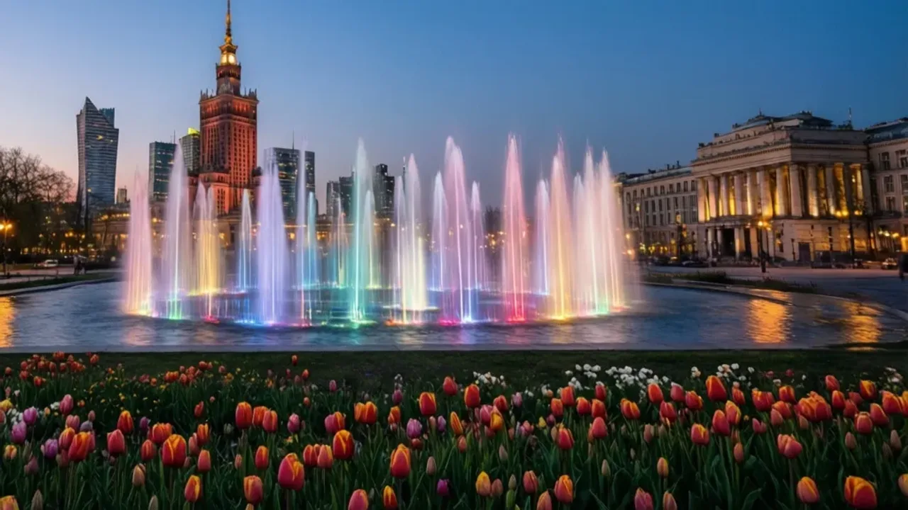 Warszawa 1 maja: Majówka 2025 – wydarzenia kulturalne w Warszawie Widowisko multimedialne w Parku Fontann podczas wydarzeń Warszawa 1 maja.