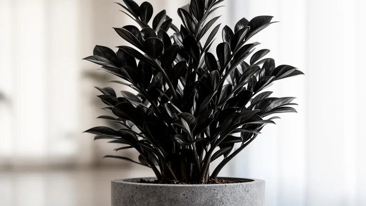 Zamiokulkas supernova: Zamioculcas zamiifolia i zamiokulkas zamiolistny Zamiokulkas supernova o ciemnych, błyszczących liściach w nowoczesnej donicy kamionkowej.