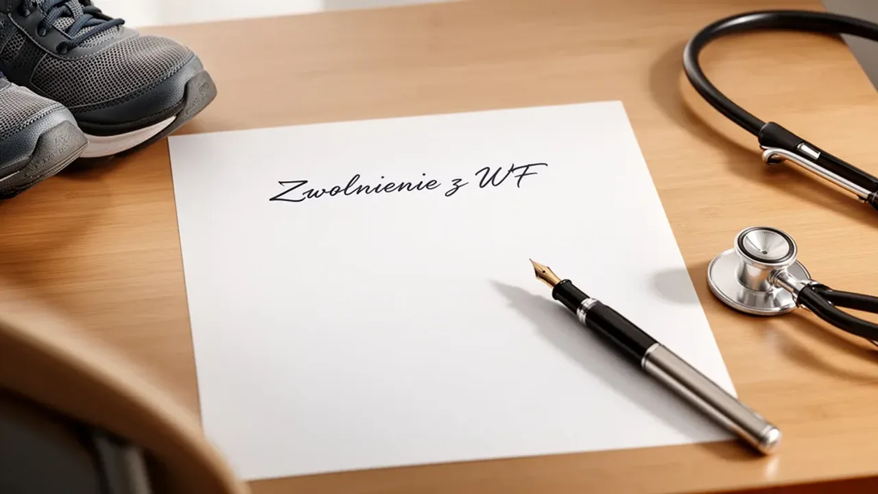 Zwolnienie z wf jak napisać? Poradnik wystawienia zwolnienia z lekcji wf Formalny wniosek o zwolnienie z wf jak napisać na biurku obok przyborów sportowych.