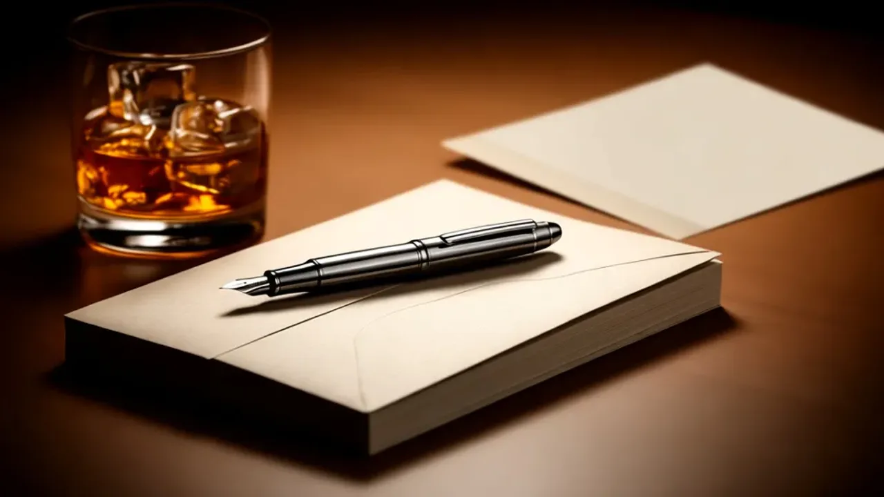 Życzenia imieninowe dla mężczyzny: 15 mądrych i oryginalnych propozycji Eleganckie biurko z whisky i kartką z życzeniami imieninowymi dla mężczyzny.